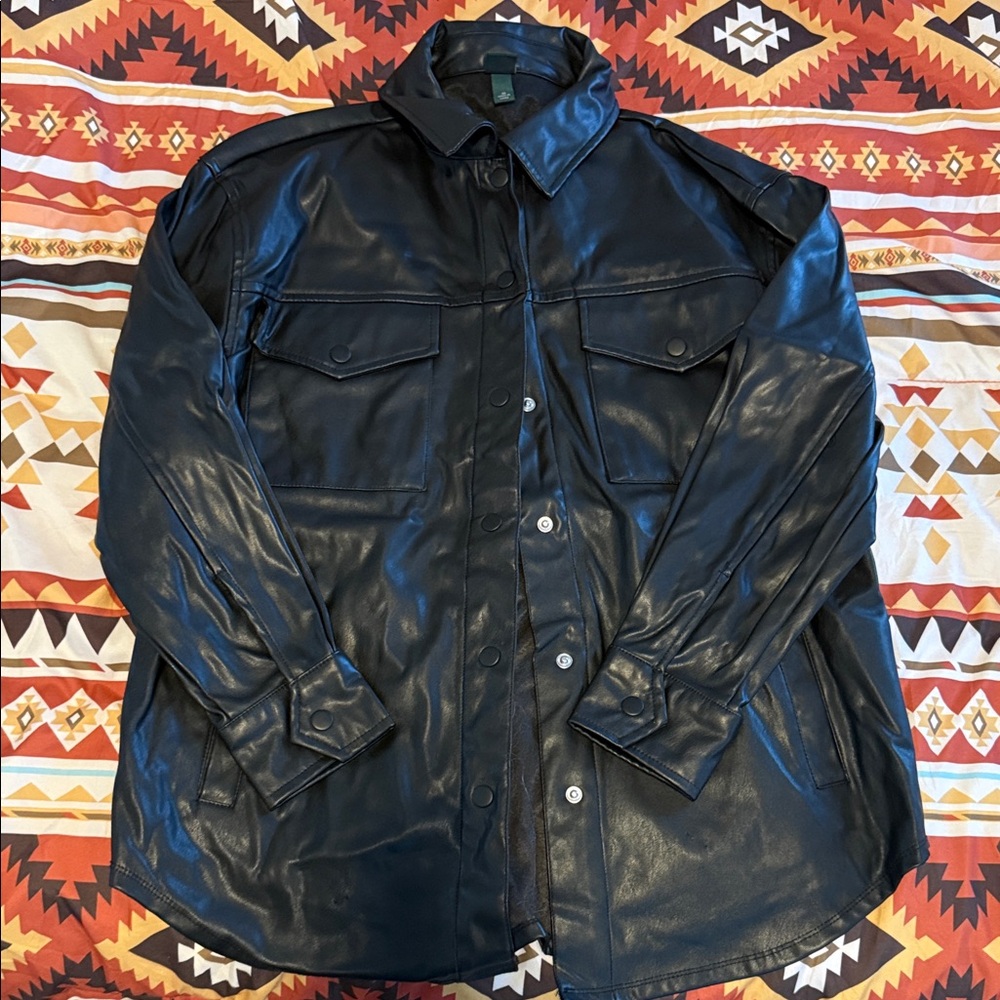 Women's Black Faux Leather Overshirt Jacket